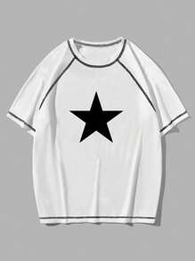 ROMWE MEN Academia Men Star Print Top-Stitching Raglan Sleeve Y2k T-Shirt, School - White - View 1