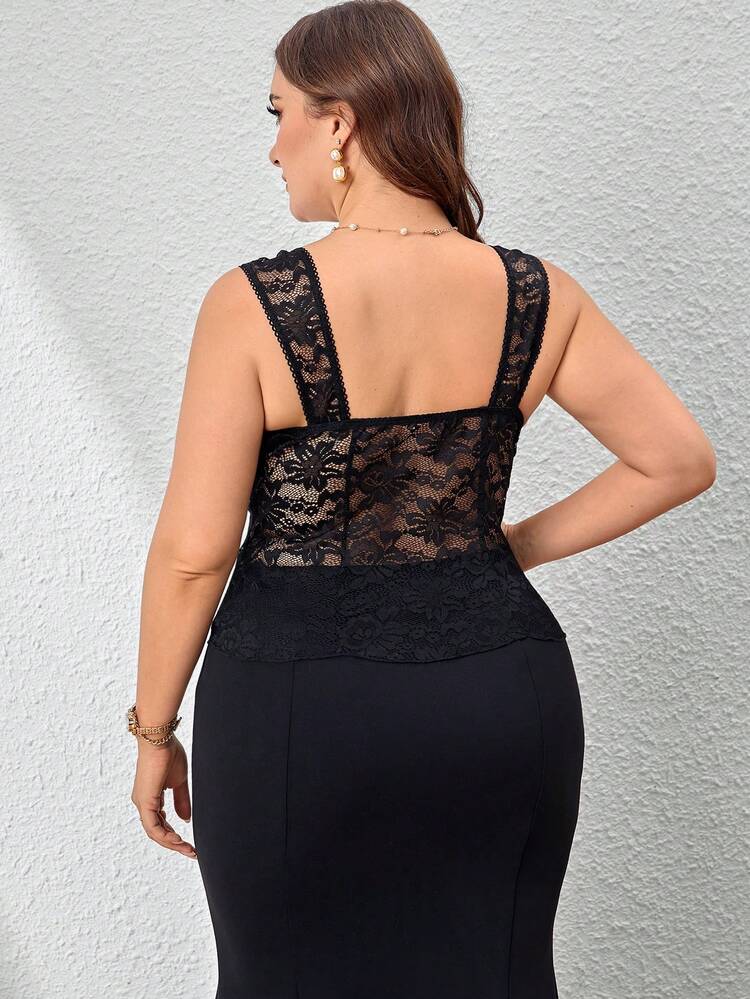 Spring/Summer Black Elegant Sexy Romantic Elastic Perspective Lace Delicate Wavy Hem Tight Tank Top For Plus Size Women