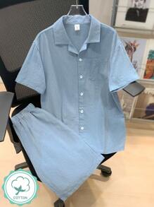 Conjunto De Dos Piezas Para Niños Preadolescentes: Camisa De Manga Corta De Color Sólido Con Bolsillos Y Pantalones Cortos De Color Sólido, Tela Tejida, Adecuado Para Vacaciones Casuales - Azul - Ver 1