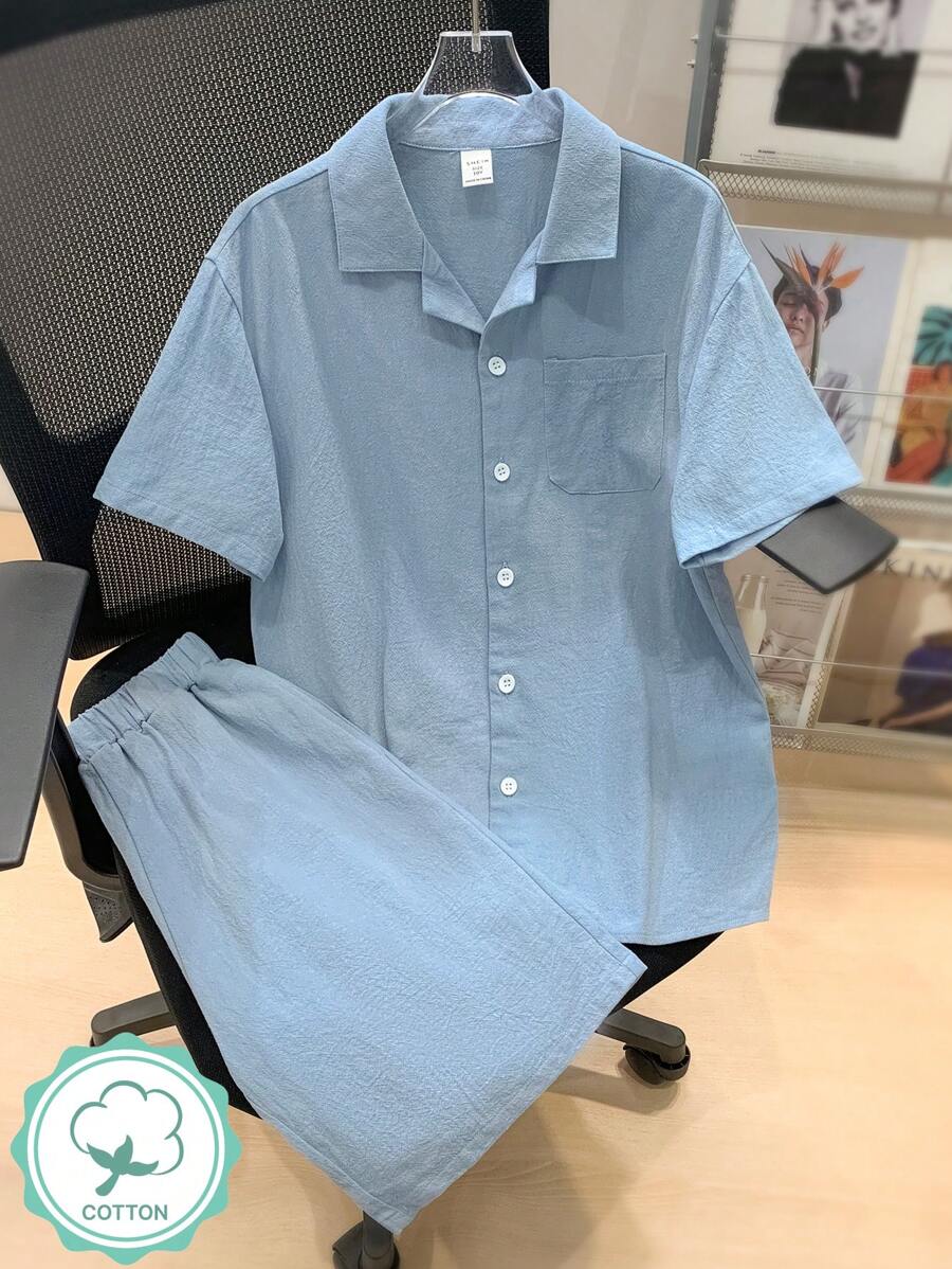 Conjunto De Dos Piezas Para Niños Preadolescentes: Camisa De Manga Corta De Color Sólido Con Bolsillos Y Pantalones Cortos De Color Sólido, Tela Tejida, Adecuado Para Vacaciones Casuales - Azul - Ver 1