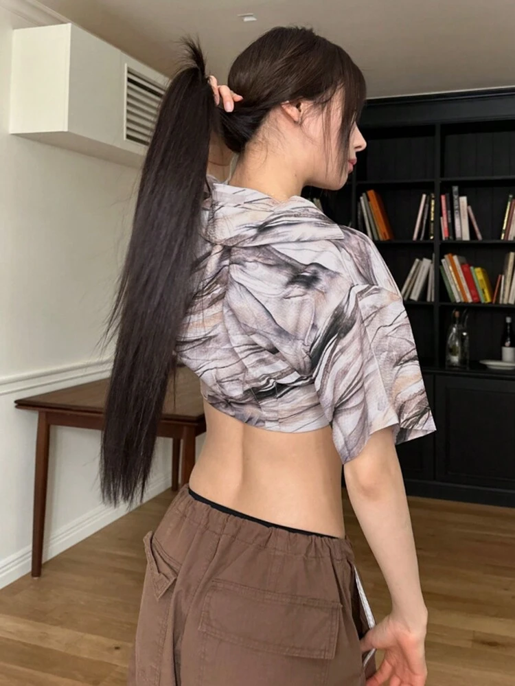 Women's Printed Lantern Sleeve Cropped Blouse