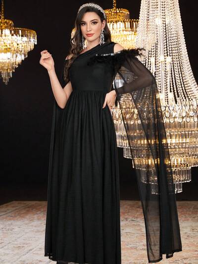 Women's Asymmetrical Neckline Abaya Dress With Cape Sleeves