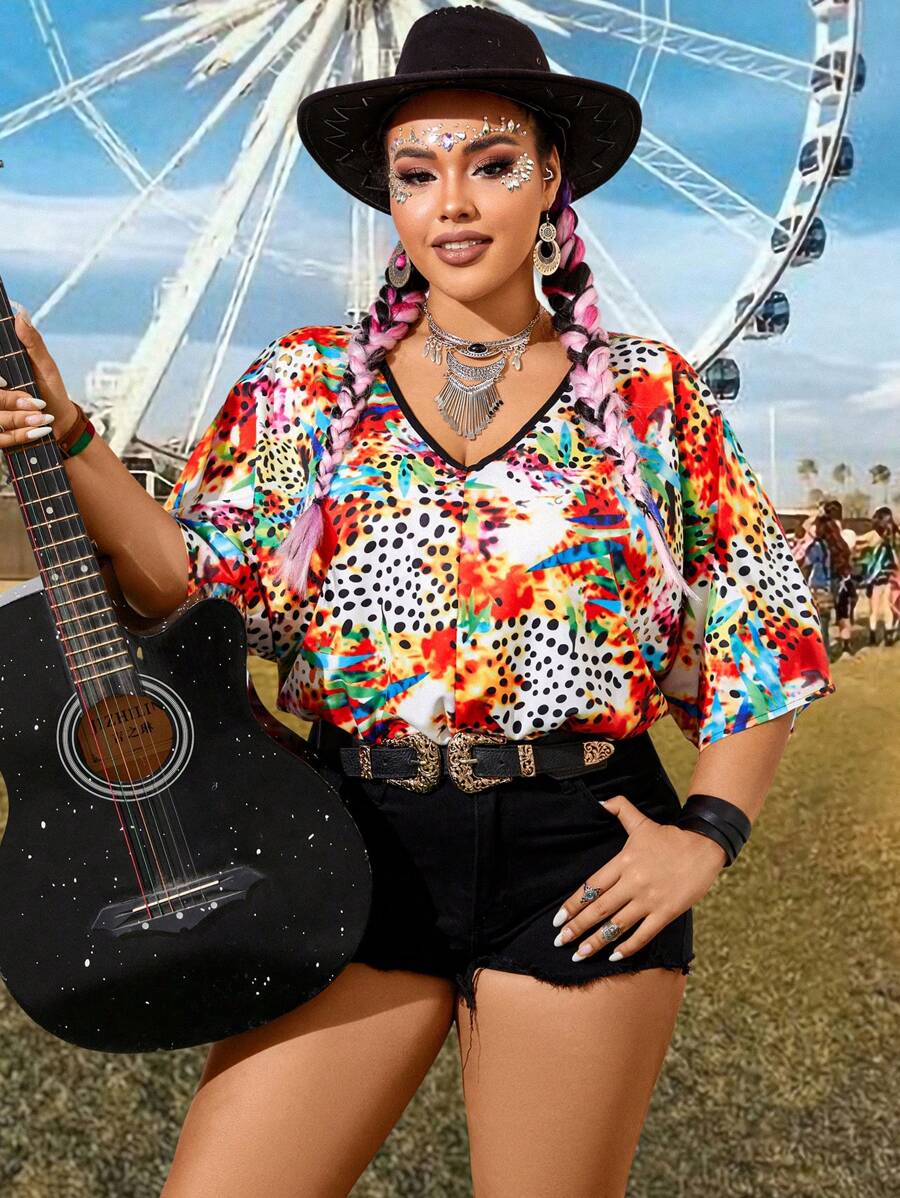 SHEIN LUNE 大尺碼女士圓點v領連身衣 - 彩色 - 查看 1