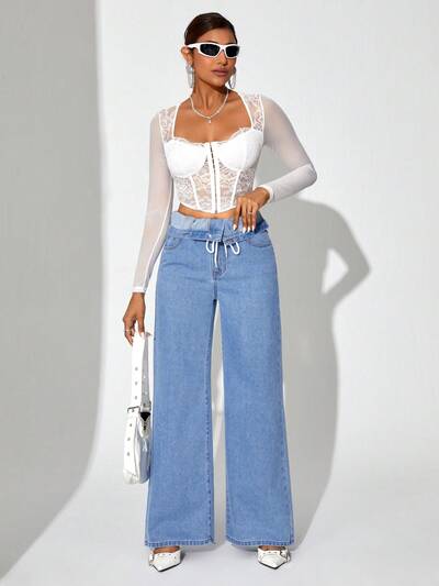 Women's Loose Fit Folded High Waisted Denim Jeans