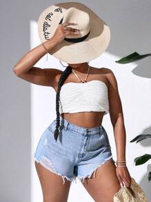 SHEIN EZwear Plus Size Women's High-Waist Asymmetrical Cut Ripped Denim Shorts With Frayed Hem, College Style - Light Wash - View 4