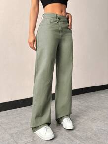 SHEIN Women's Asymmetrical High-Waisted Denim Pants - Army Green - View 6