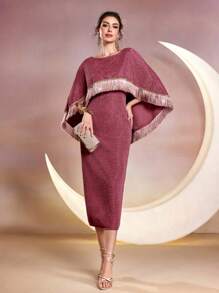 Modelyn 女士船领流苏开衩长款晚礼服 - 粉色 - 查看 4