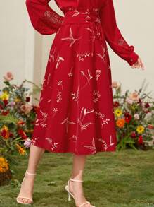 Seusyu 植物印花飘逸裙，适合新年服装 - 紅色 - 查看 5