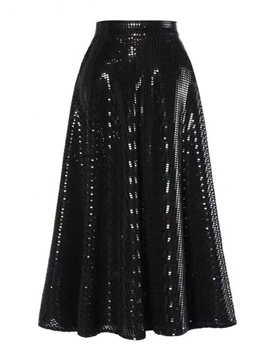 大尺碼女士金屬紋理裙子 - 黑色 - 查看 1