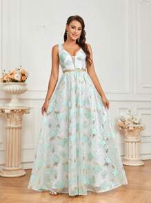 SHEIN Belle Elegant, Romantic, Elegant, Gorgeous And Dignified Women's Green Organza Three-Dimensional Gold Edge Cut V-Neck Gold Ribbon Decoration High Waist A-Shaped Volume Umbrella Hem Backless Holiday Season Graduation Season Prom Formal Evening Dress - Cadet Blue - View 6