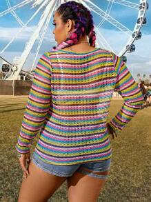 SHEIN LUNE Plus Size Women's Colorful Striped Music Festival Top - Multicolor - View 2