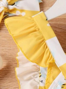 SHEIN Vestido Con Bordado De Abeja Y Dobladillo Fruncido De Dibujos Animados Para Bebé Niña - Amarillo - Ver 4