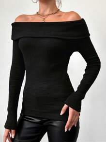 RueChic Women's Slim Fit Off Shoulder Sweater - Black - View 4