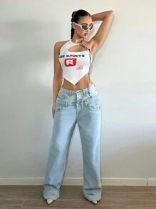 SHEIN ICON Áo Y2K ren trắng không đối xứng có viền áo in chữ và đường viền cổ độc đáo cho nữ - trắng - Xem 5