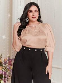 Modelyn Plus Size Ladies' Jacquard Puff Sleeve Shirt - Pink - View 1