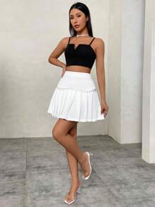 SHEIN Privé Faux Detail Pleated Satin Skirt - Black - View 4