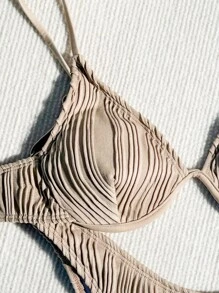SHEIN Swim Conjunto de bikini de dos piezas texturizado para mujer con sujetador push-up con aro, ideal para verano en la playa - Caqui - Ver 3