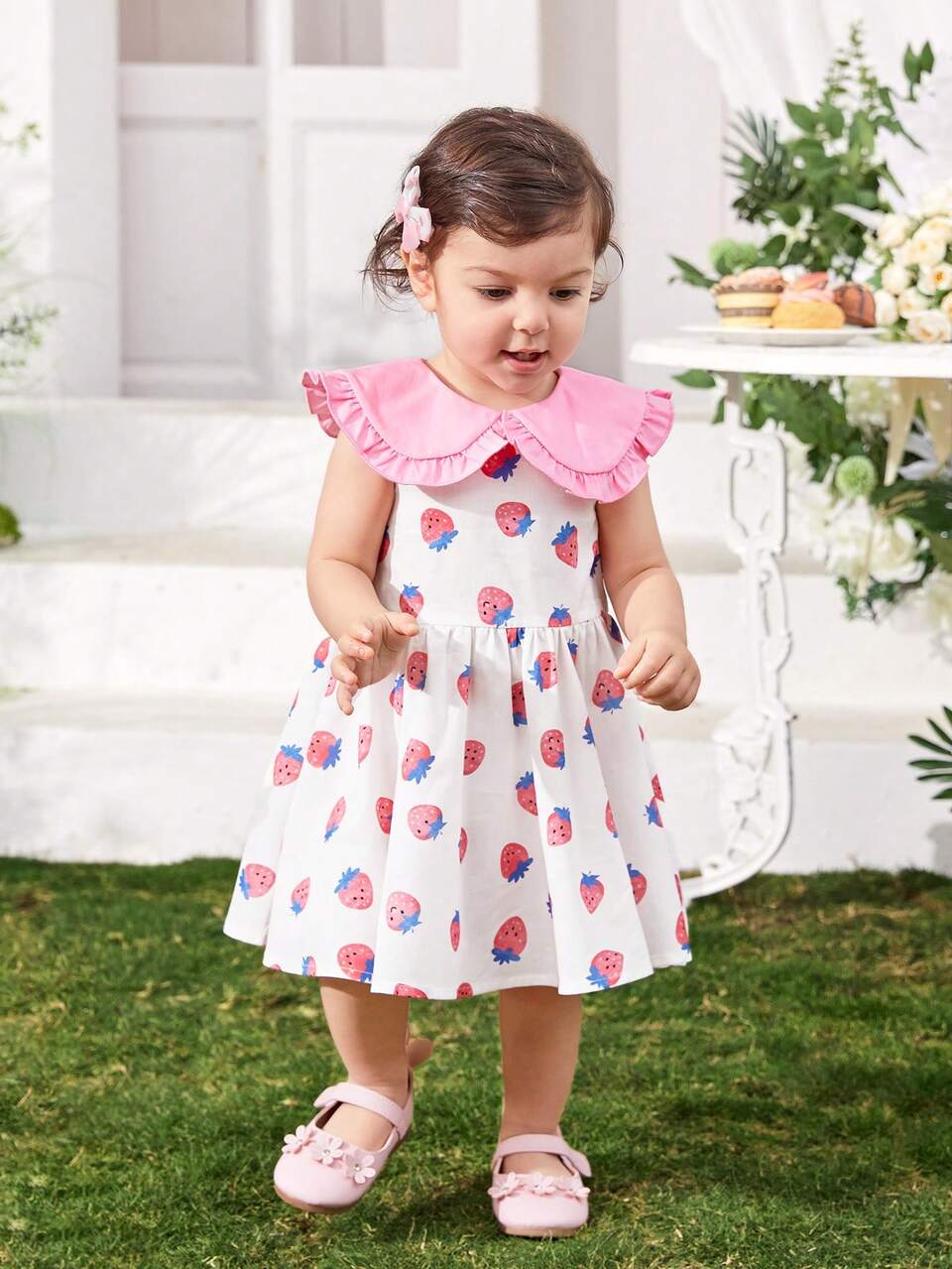 Baby Girl Casual & Vacation Cute Strawberry Printed Patchwork Dress With Peter Pan Collar And Sleeveless Design