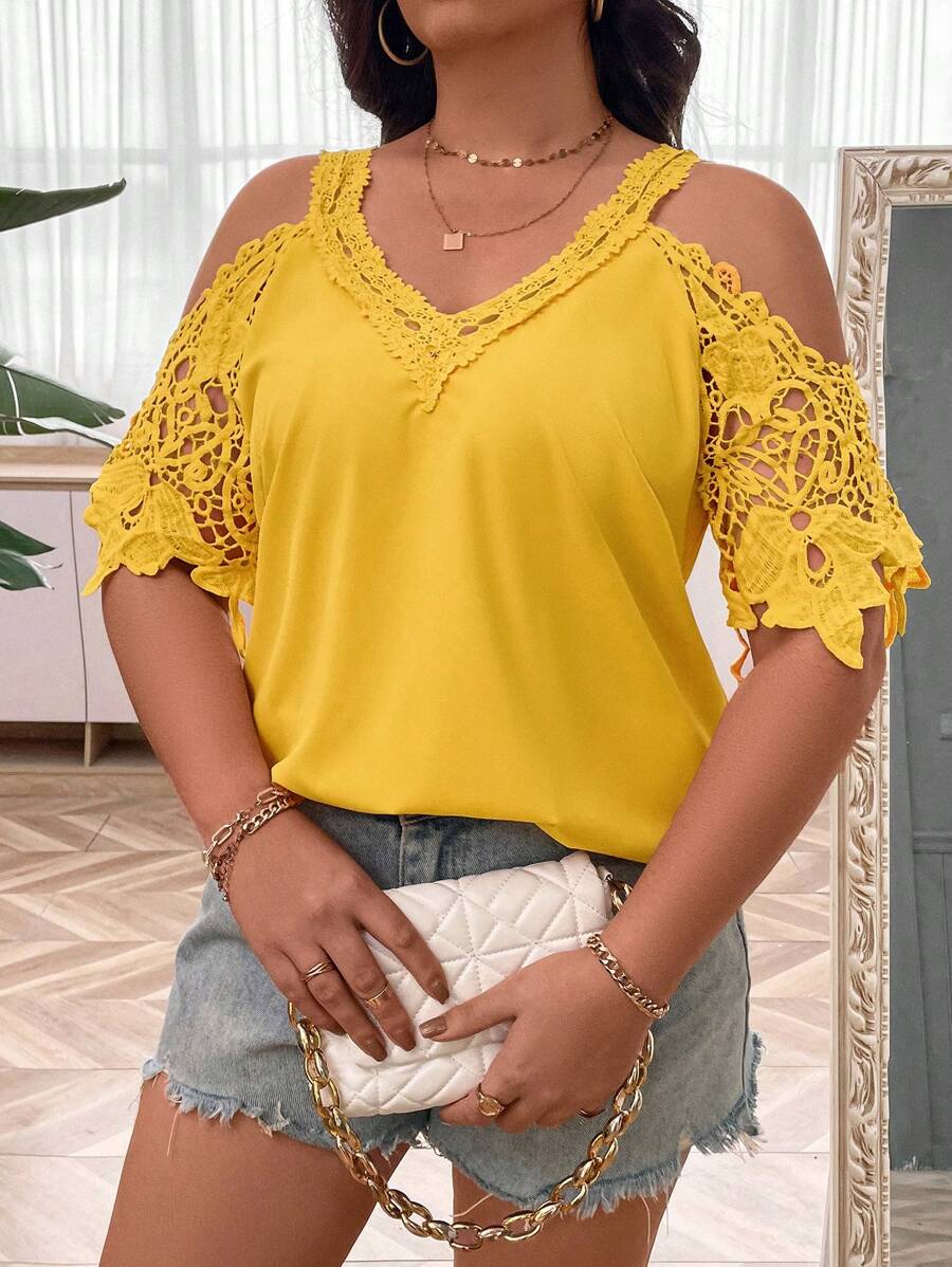 SHEIN LUNE Plus Size Solid Color Open Shoulder V-Neck Fashion Blouse With Patchwork Design - Yellow - View 1