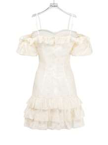 Enchnt Women's Cold Shoulder Ruffle Trim Spaghetti Strap Dress - White - View 8