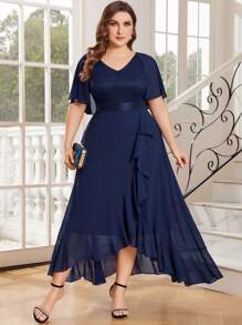 Plus Lace Butterfly Sleeve Chiffon Ruffle Trim Formal Party Long Dress - Navy Blue - View 1