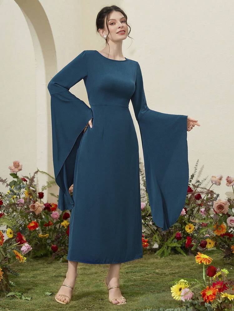 Women's Round Neck Solid Color Bell Sleeve Dress Fall Cloth For Women