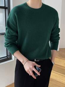 DAZY Suéter De Punto Verde Acanalado De Cuello Redondo Para Hombre - Verde - Ver 3