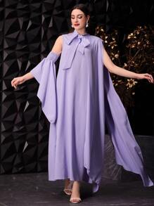 Modelyn 女式不对称袖子和蝴蝶结设计连衣裙 - 紫色 - 查看 6