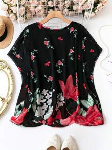 SHEIN LUNE Camisa Plus Size De Manga Curta Com Estampa De Rosa E Decote Em V - Multicolorido - Ver 2