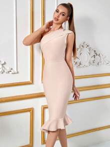 SHEIN Belle 女士斜肩魚尾裙,做為酒會、晚宴禮服佳選 - 杏色 - 查看 6