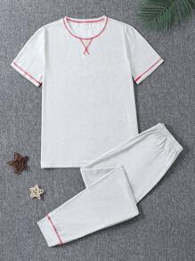 Teen Boys' Solid Grey Simple Style Short Sleeve Round Neck T-Shirt And Pants Casual Home Clothes Set - Grey - View 1