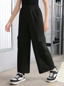 Tween Girl Casual Knitted Solid Color Loose Fit Long Cargo Pocketed Sweatpants - Black - View 4