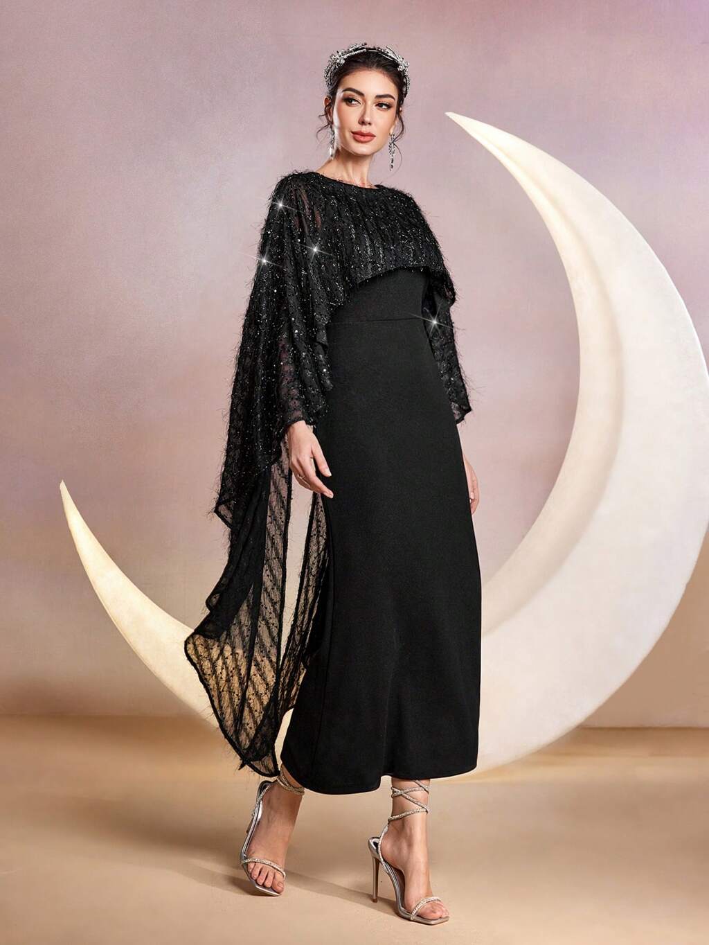 Women's Round Neck Sequined Mesh Contrast Dress