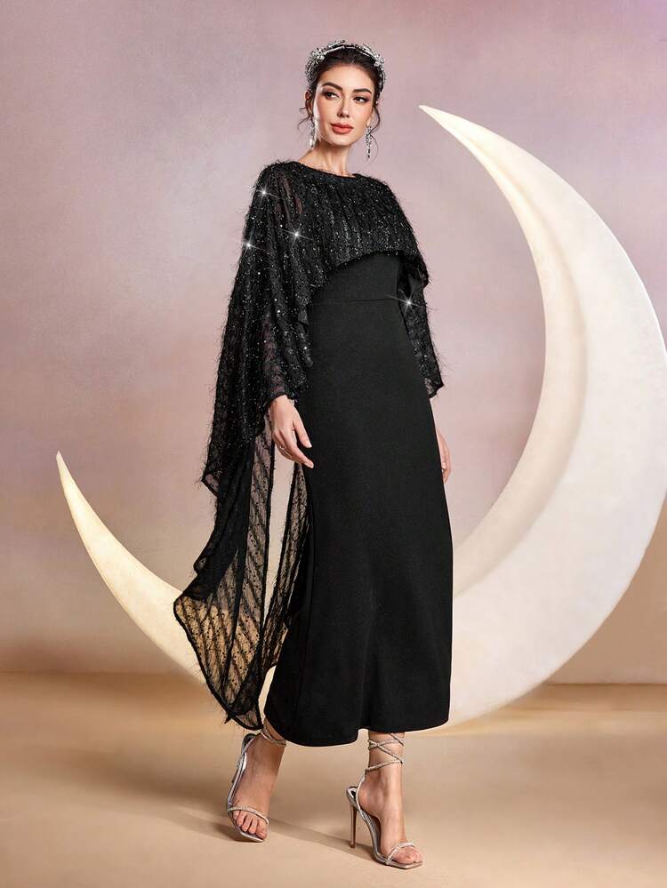 Women's Round Neck Sequined Mesh Contrast Dress