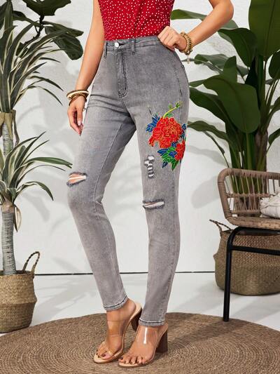Women's Fashionable Embroidered Denim Long Pants