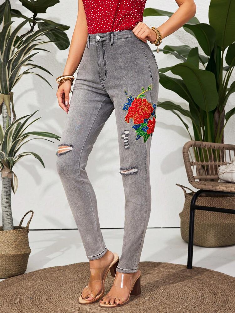 Women's Fashionable Embroidered Denim Long Pants