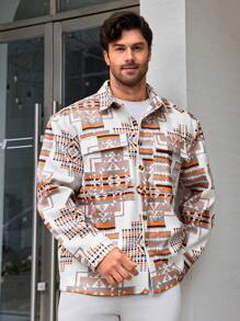 Manfinity Homme Men's Plus Size Geometric Printed Long Sleeve Shacket