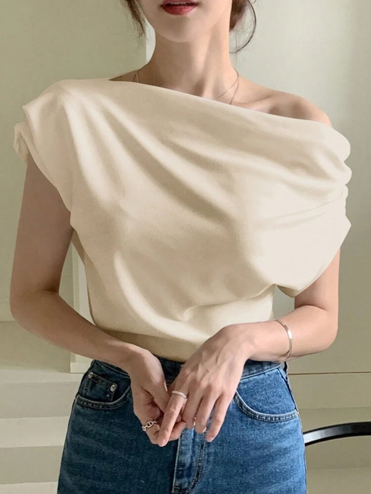 Women's Solid Color Asymmetric Collar Short Sleeve Pleated Top,Crop Tops Women