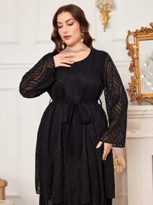 Al Najma Vestido árabe con cintura ceñida, doblez con volantes de doble capa para mujeres de talla grande - Negro - Ver 1