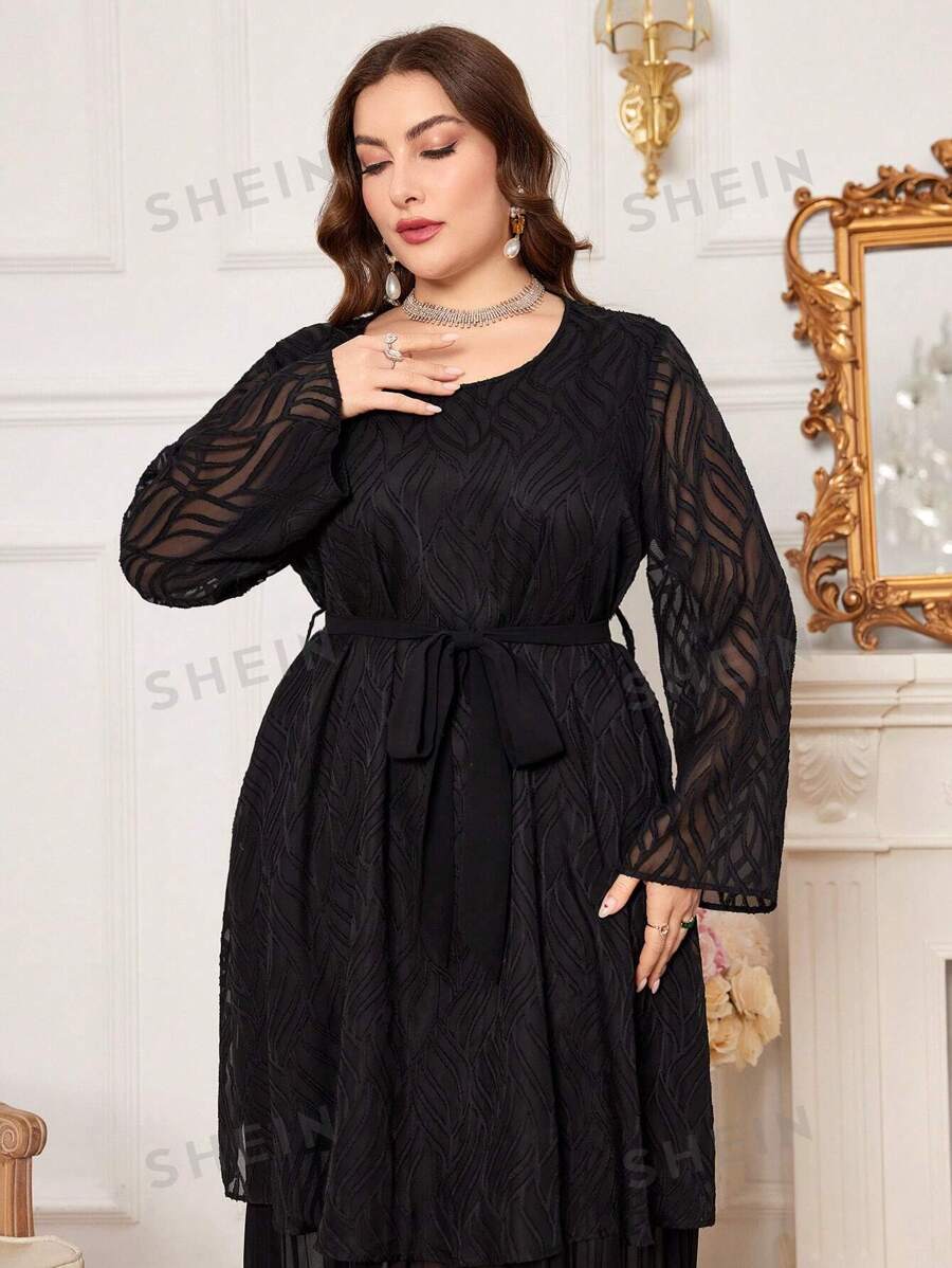 Al Najma Vestido árabe con cintura ceñida, doblez con volantes de doble capa para mujeres de talla grande - Negro - Ver 1
