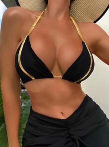 SHEIN Swim Women's Halter Neck Bikini Top - Black - View 1