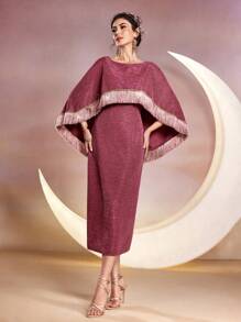 Modelyn 女士船领流苏开衩长款晚礼服 - 粉色 - 查看 7