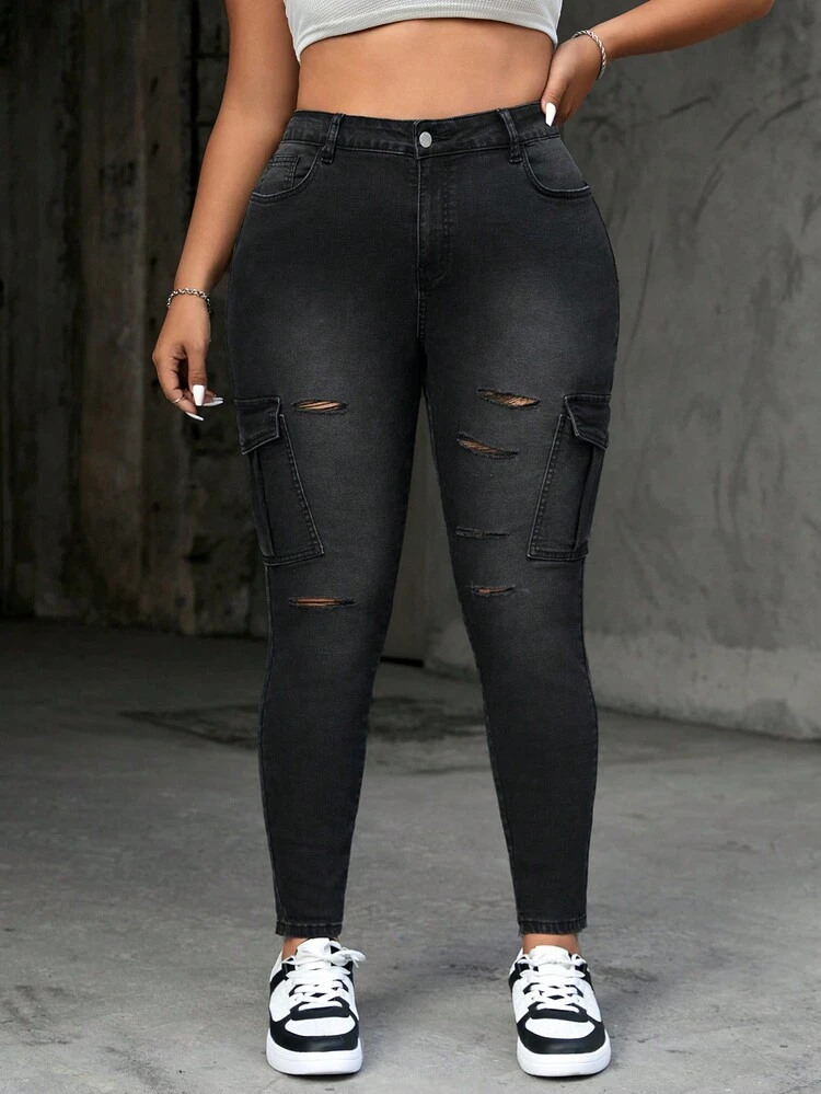 Beach Vacation Style Black Distressed Casual Workwear Plus Size Women's Skinny Jeans