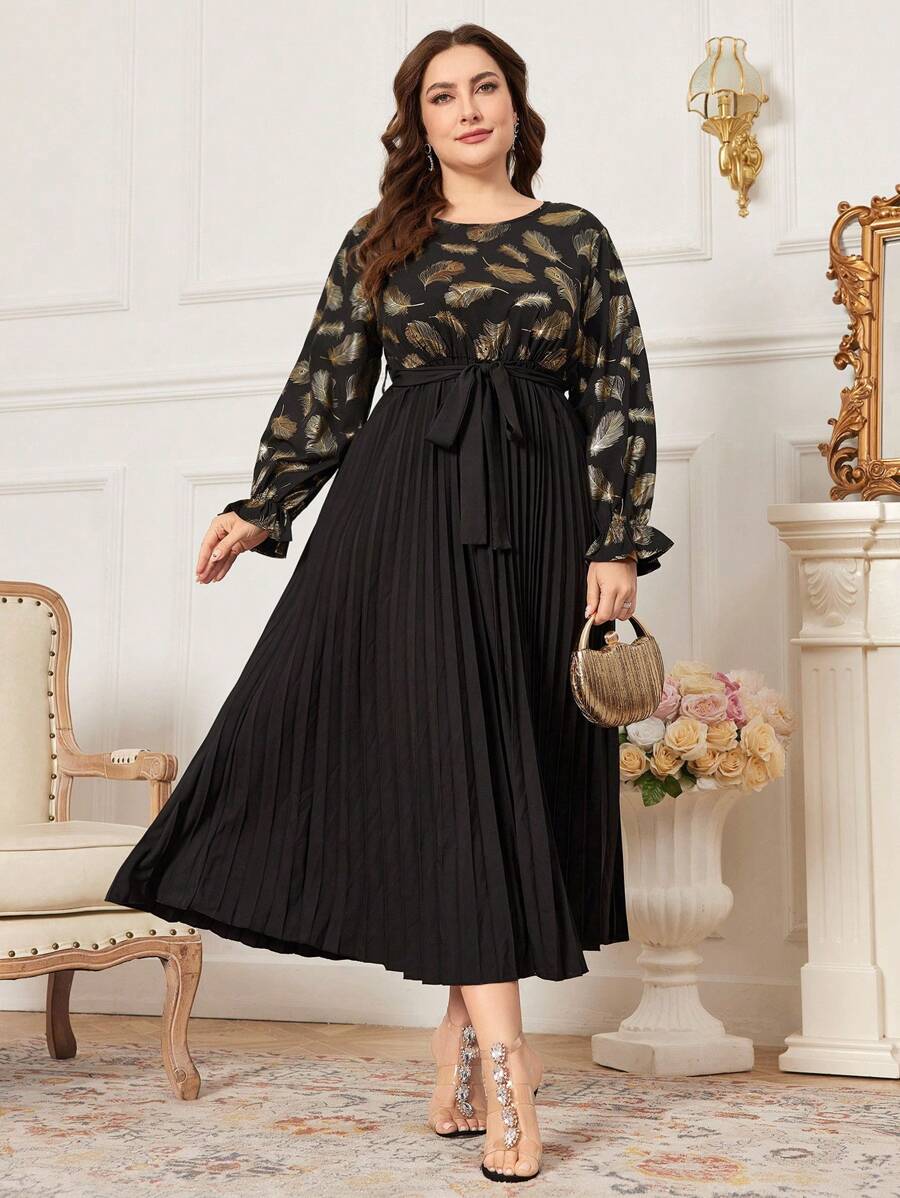 Modelyn Plus Size Women's Feather Pattern Pleated Hem Dress - Multicolor - View 1
