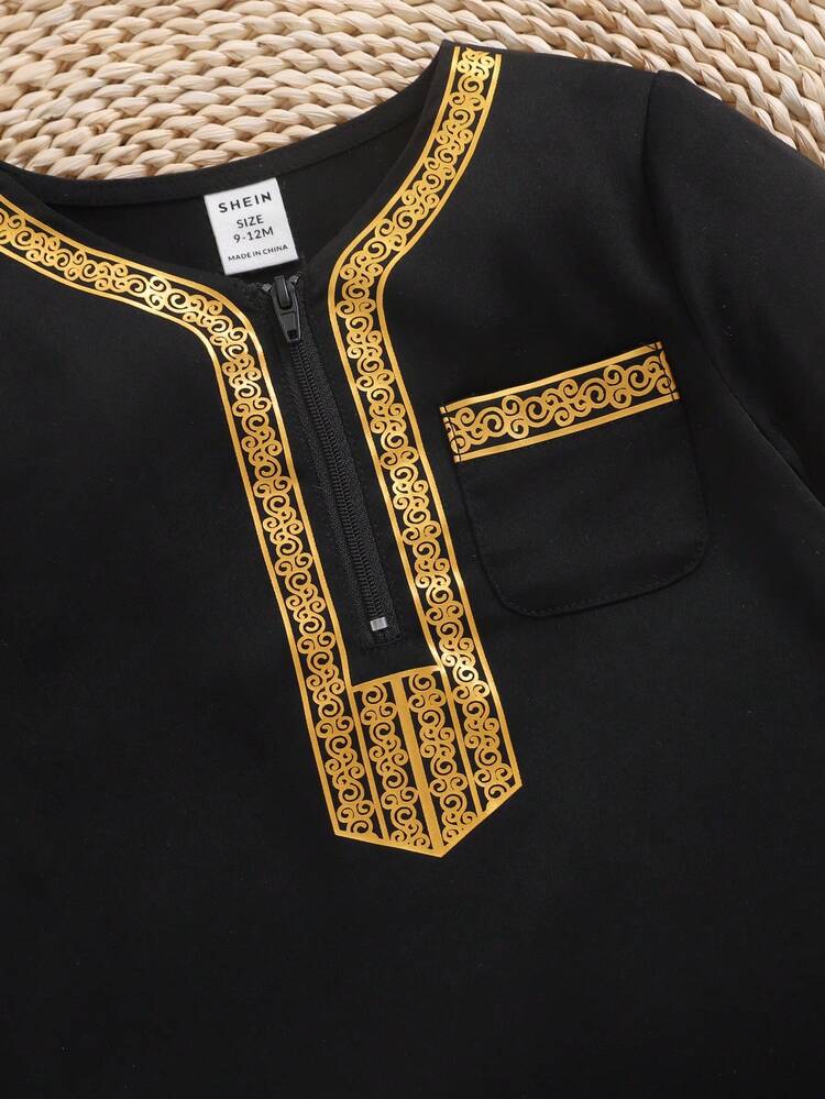 Baby Boy 1pc Color Block Top With Golden Decor Long Sleeve