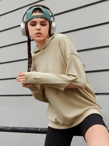Gameset SHEIN Sport Women's Solid Color Long Sleeve Hooded Sports Sweatshirt - Apricot - View 5