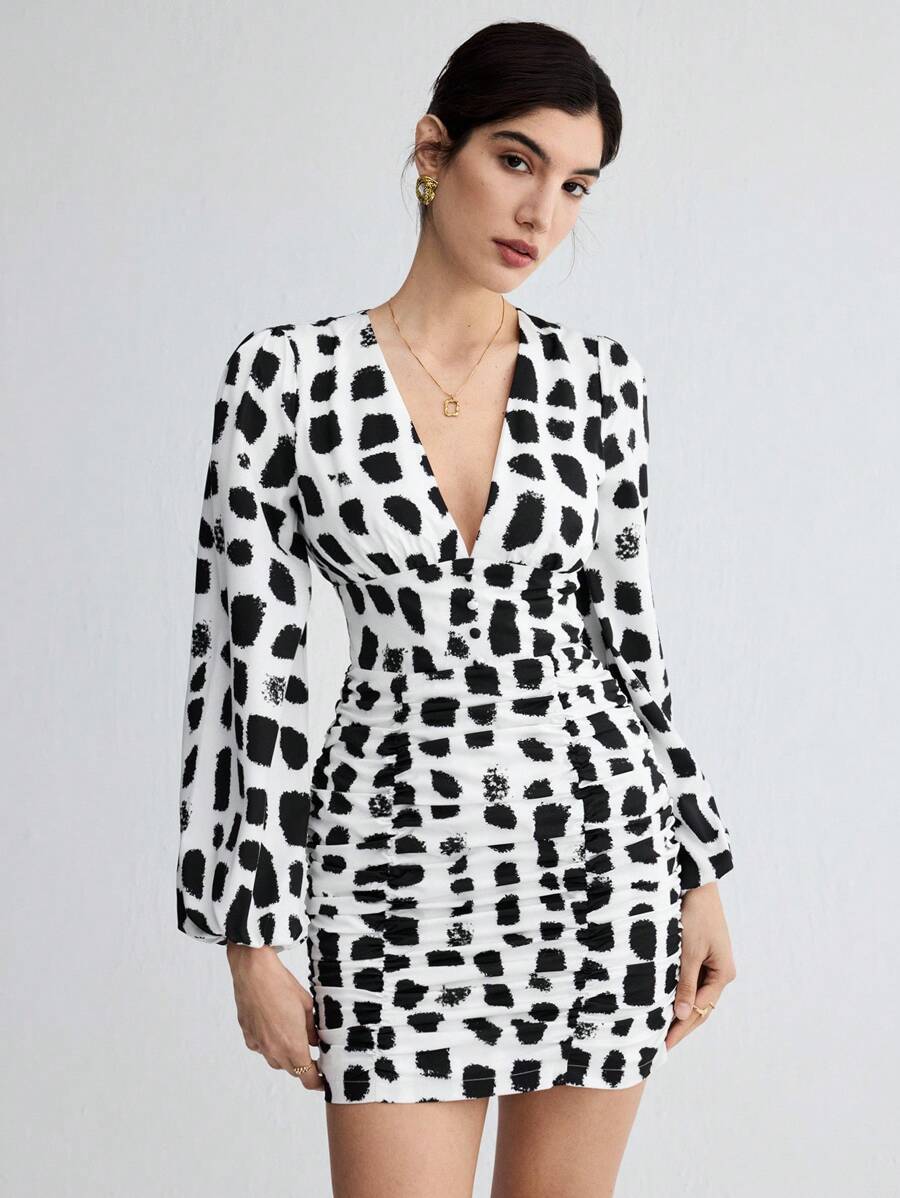 BizChic Của phụ nữ In hoa Đã thu thập Eo Tay áo dài Đầm - Đen và trắng - Xem 1