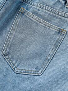 Shorts De Mezclilla Destrozados Para Niñas Adolescentes Con Dobladillo Deshilachado, Detalle De Pedrería Y Destrozado