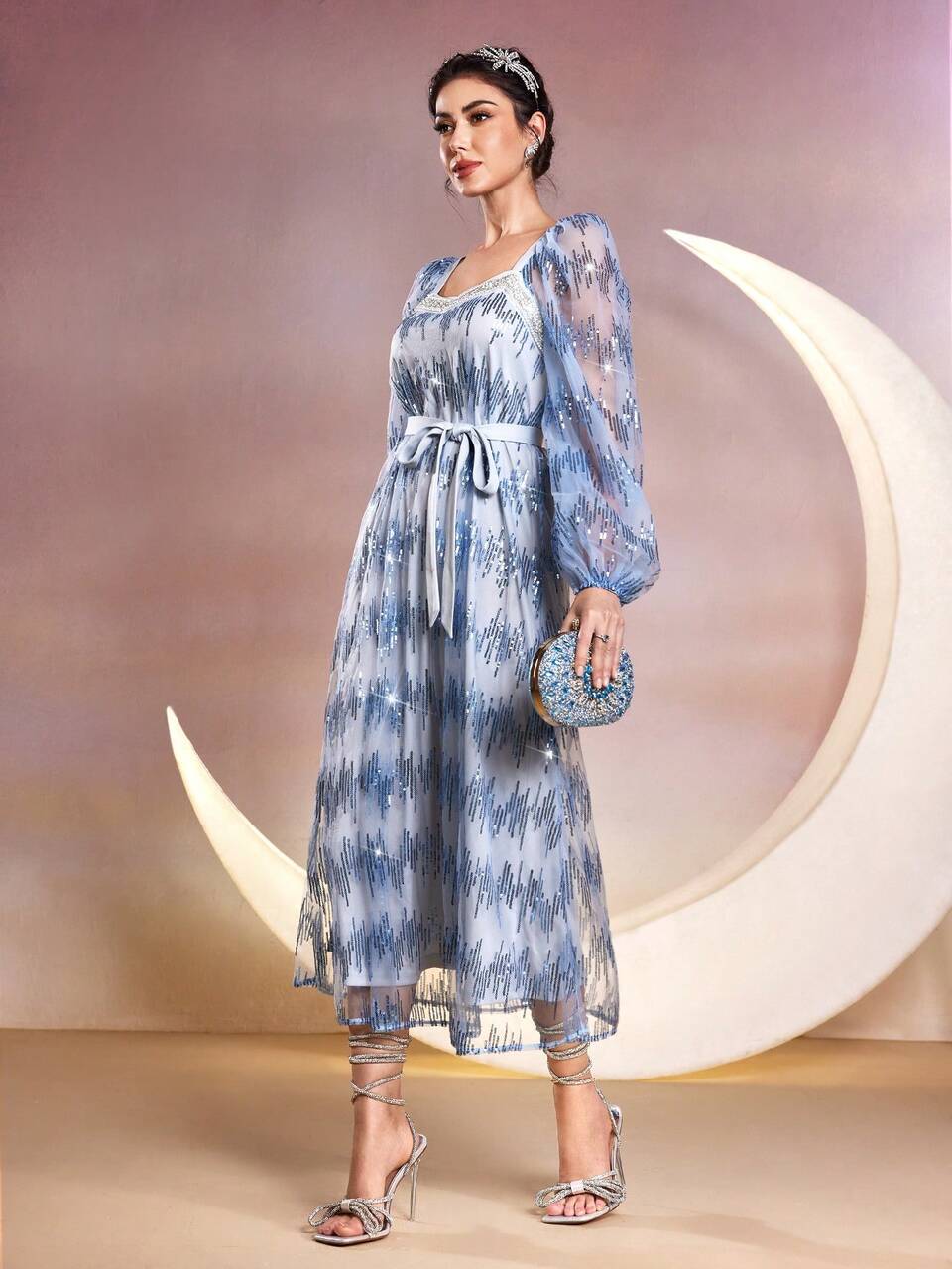 Ladies' Arabic Style Mesh Splice Lace-Up Dress,Elegant Evening Party Dress Long Evening Dresses