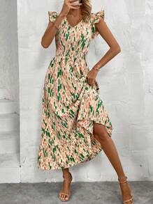 SHEIN LUNE Váy chữ A cạp cao tay lửng in họa tiết cho nữ - Màu be - Xem 4
